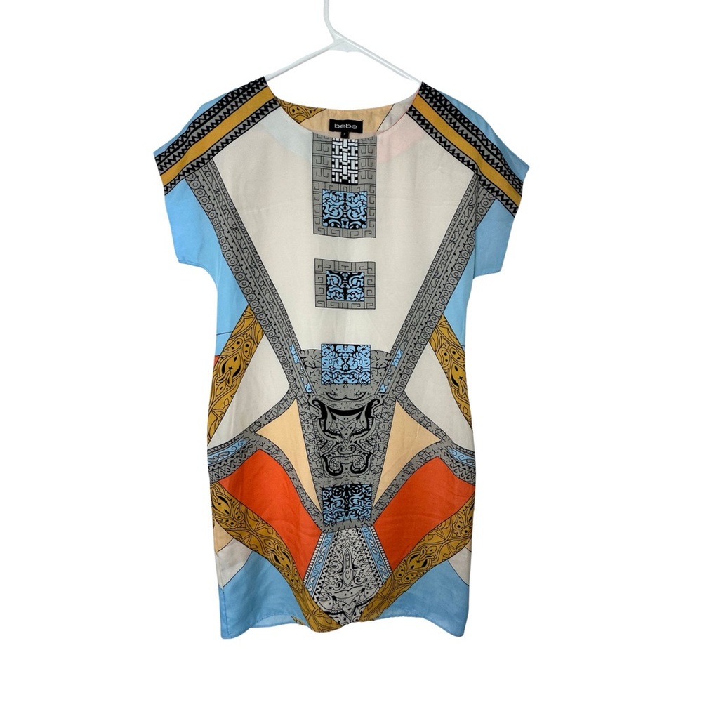 BEBE Silk Multicolor Geometric Shift Mini Dress in Blue, Orange & Gold Tones